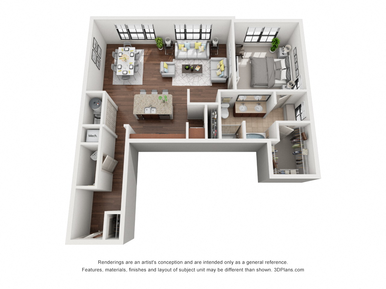 Floor plan for 1 bed, 1.5 baths, 1055 sqft